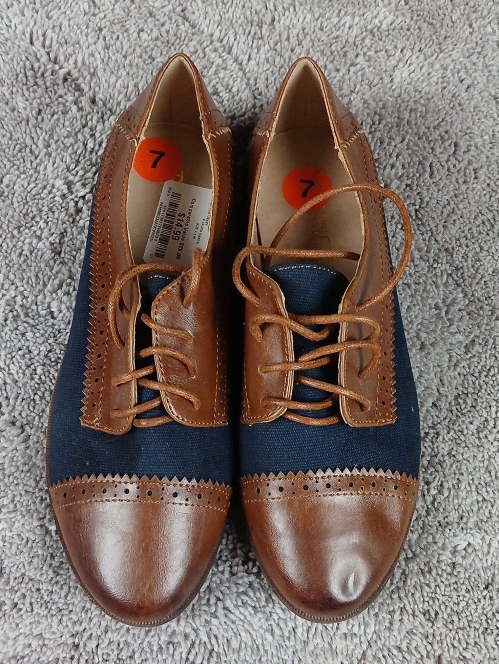 Restricted Brown Leather and Navy Fabric Wingtip Oxfords